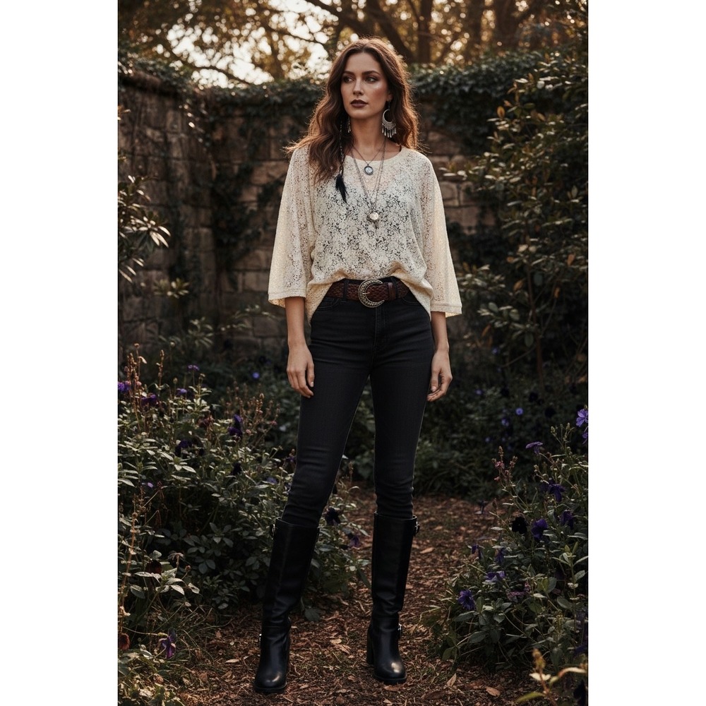 Kirra Lace Top Large Cream Ivory Floral 3/4 Sleeve Boho Romantic Sheer Blouse